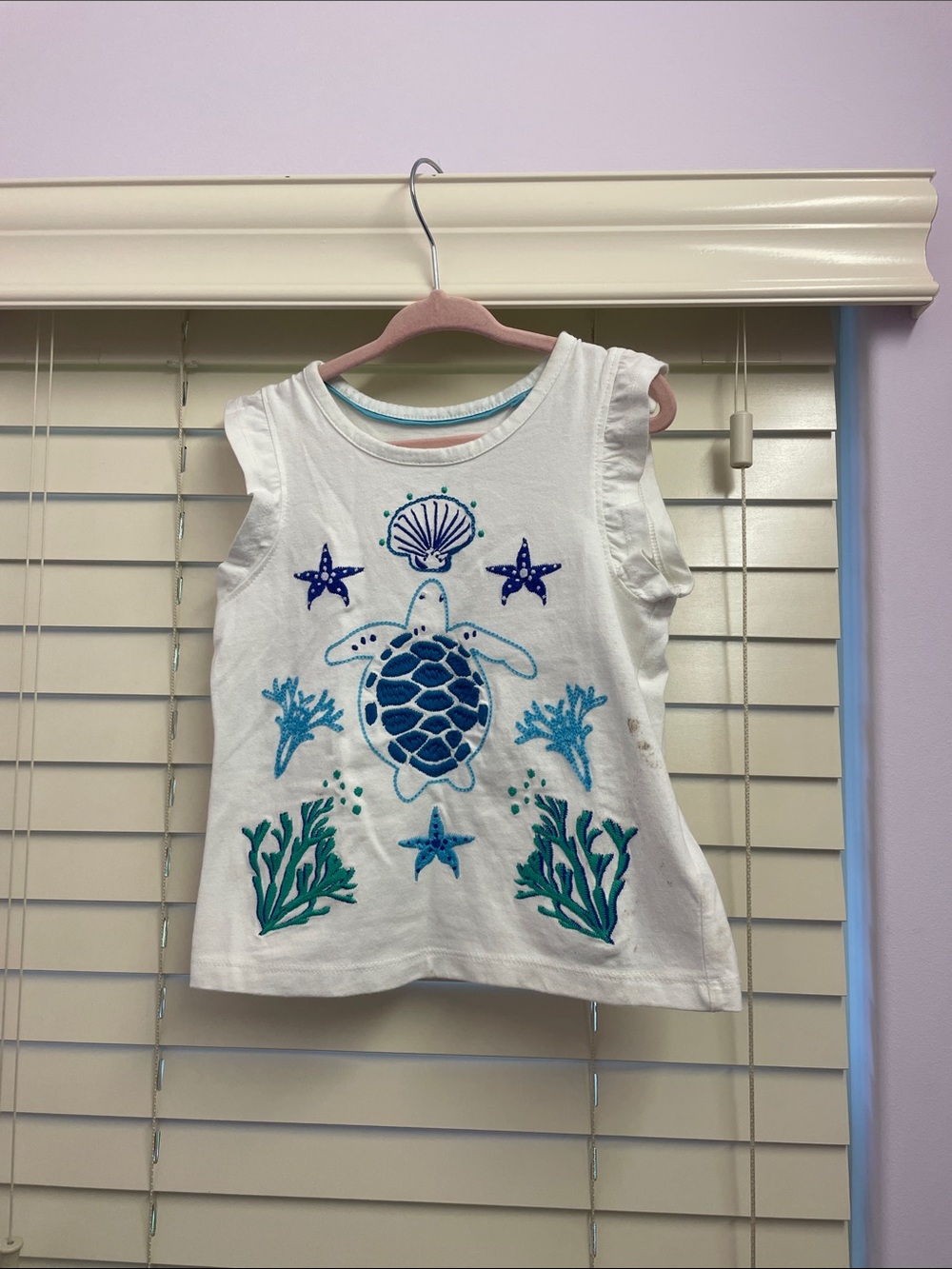Mini Boden White Tank Top with Blue & Teal Turtle Embroidery